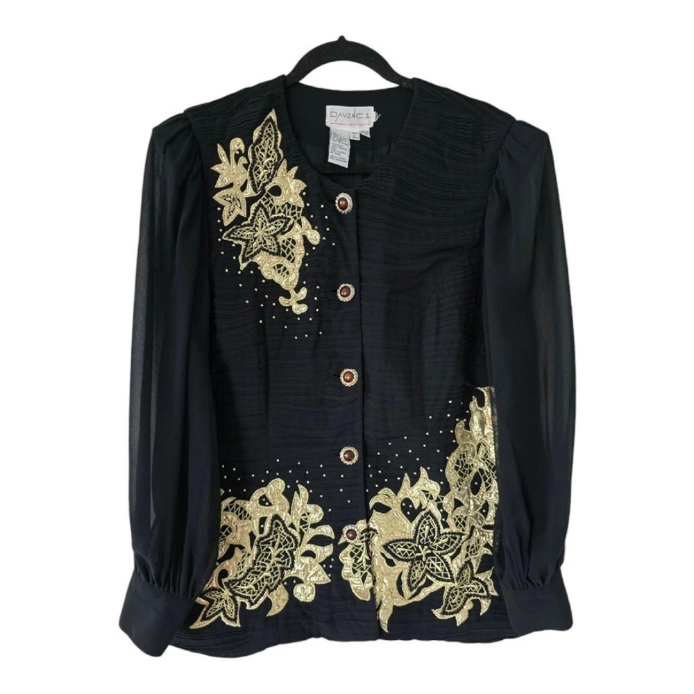 Y2K DaVinci Sheer Jacket Sz L Women Black Gold Celestrial Embroidered Y2K